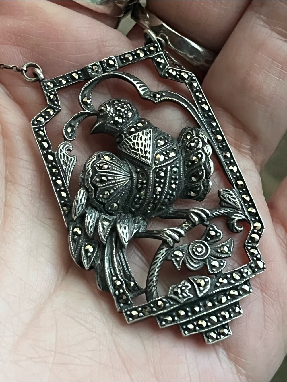 Antique Sterling Silver And Marcasite Bird Necklace - Picture 12 of 16